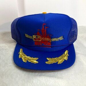 Vintage Rare Walt Disney‎ World Hat Trucker Gold Leaf Embroidered Mesh Back Blue